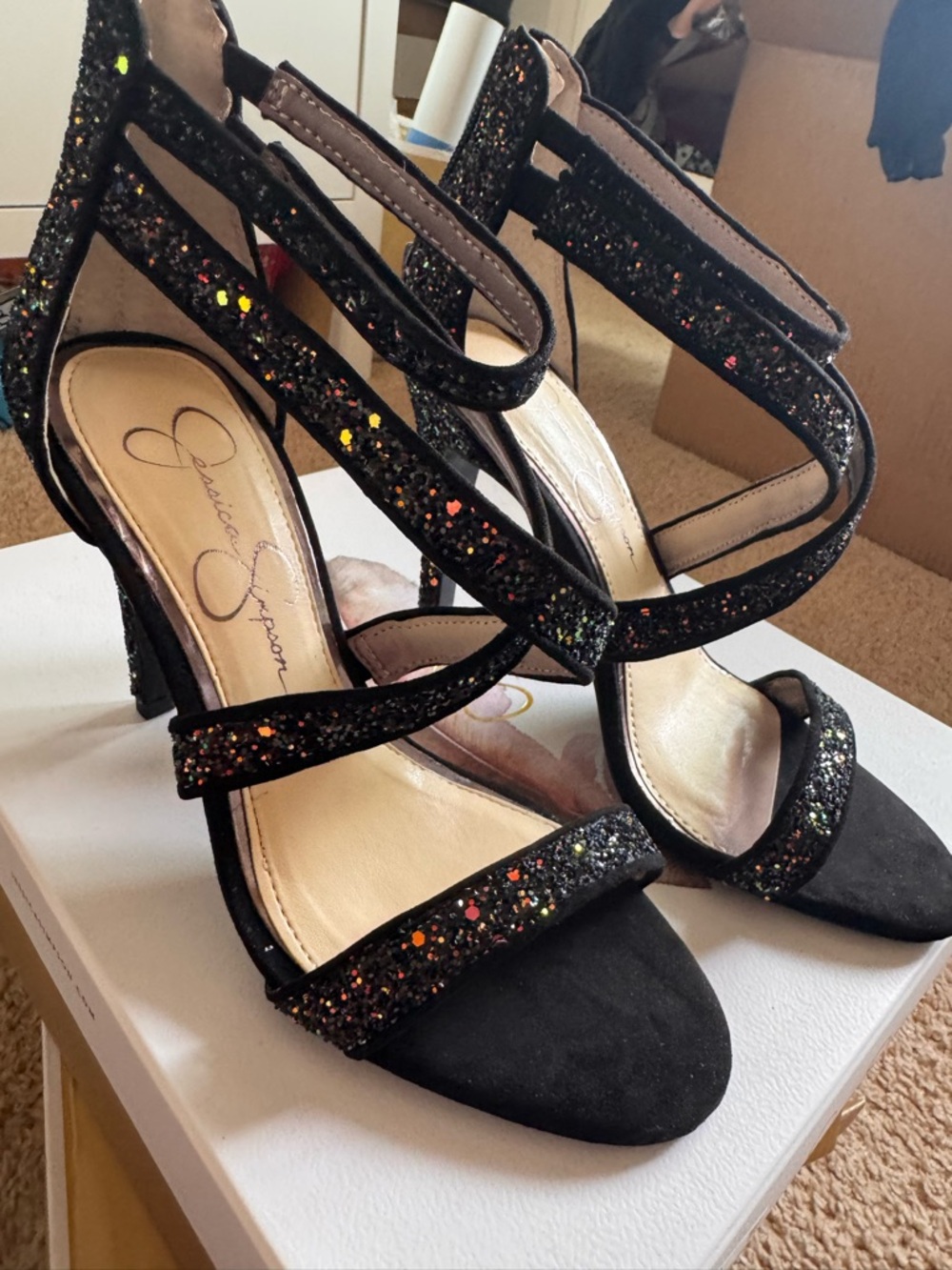 Jessica Simpson Black Glitter Strappy Heeled Sandals - Picture 4 of 7